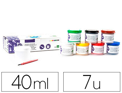 7 botes 40ml. témpera escolar Liderpapel colores surtidos + pincel